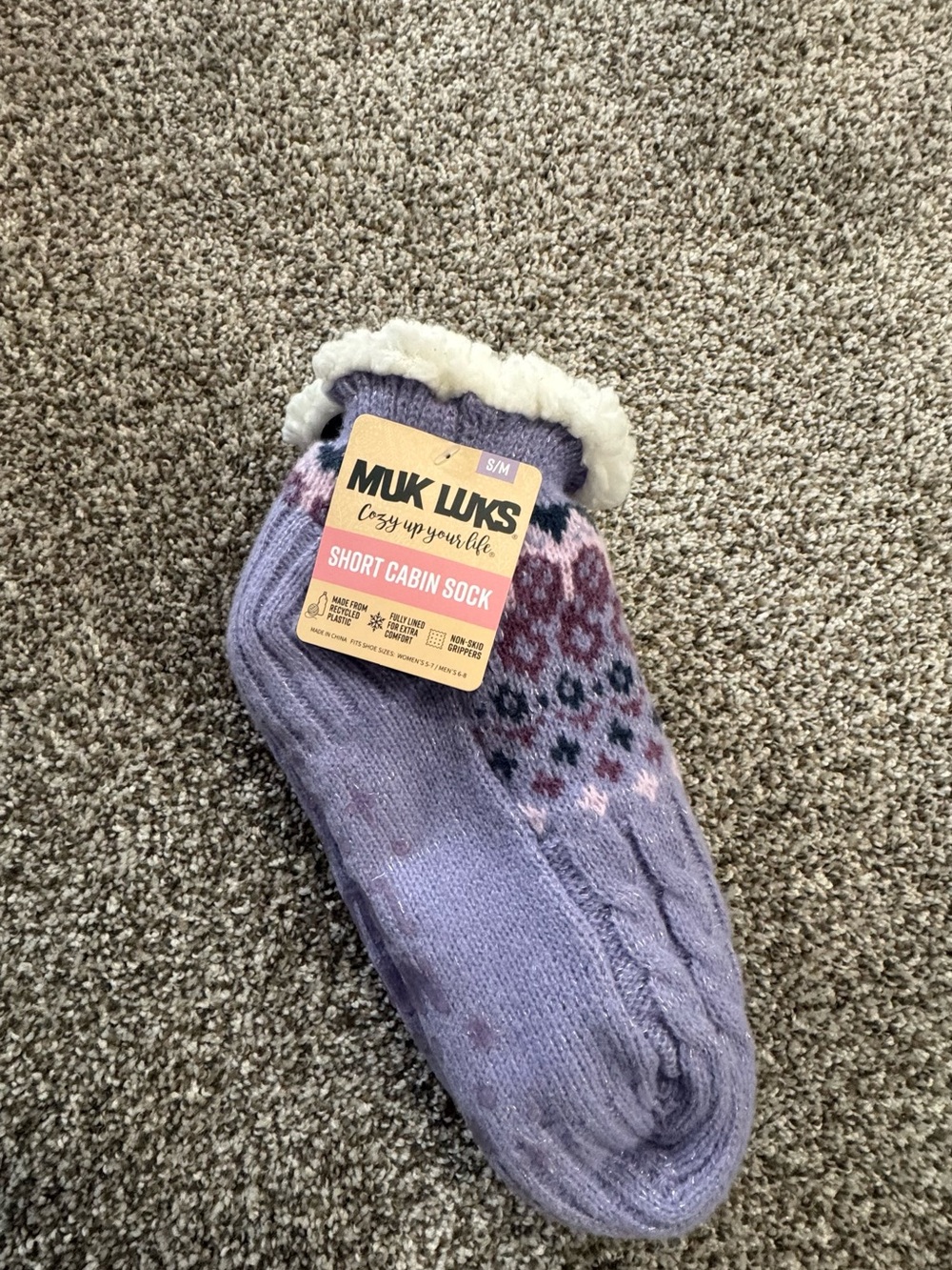 Muk Luks Purple Patterned Short Cabin Socks with Sherpa Cuff
